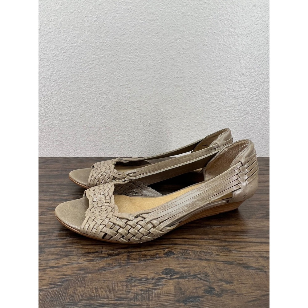 Frye Cameron Taupe Weave Woven Leather Peep Toe Wedge Flats Sandals 6.5M